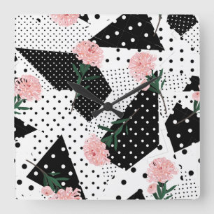 Moderne Abstracte Stippen en roze bloemen Vierkante Klok