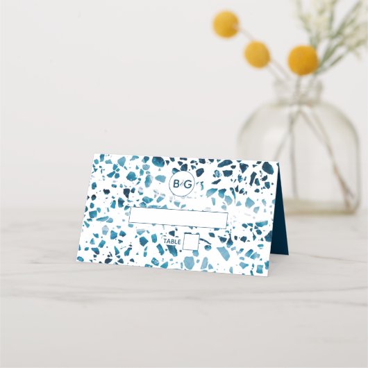 Moderne Abstracte Terrazzo Mosaic Blue Wedding Pla (Voorkant)