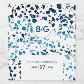 Moderne Abstracte terrazzo mosaic Blue Wedding Wijn Etiket (Enkel label)