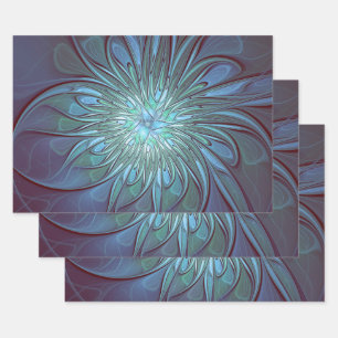 Moderne Abstracte Trendy Blauwe Bloem Fractal Art Inpakpapier Vel