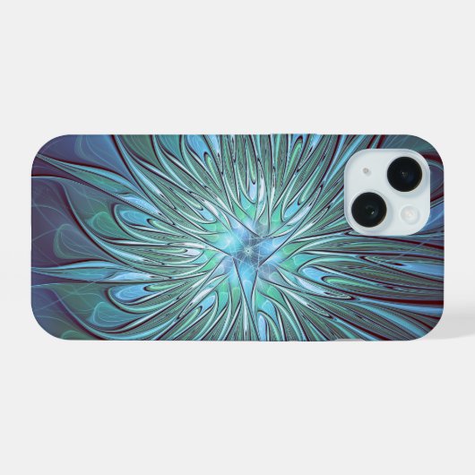 Moderne Abstracte Trendy Blauwe Bloem Fractal Art iPhone 15 Hoesje (Achterkant horizontaal)