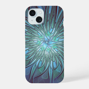 Moderne Abstracte Trendy Blauwe Bloem Fractal Art iPhone 15 Hoesje
