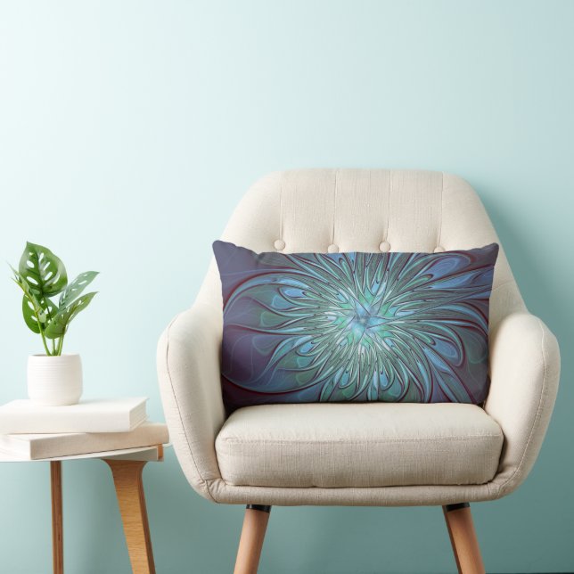 Moderne Abstracte Trendy Blauwe Bloem Fractal Art Kussen (Stoel)