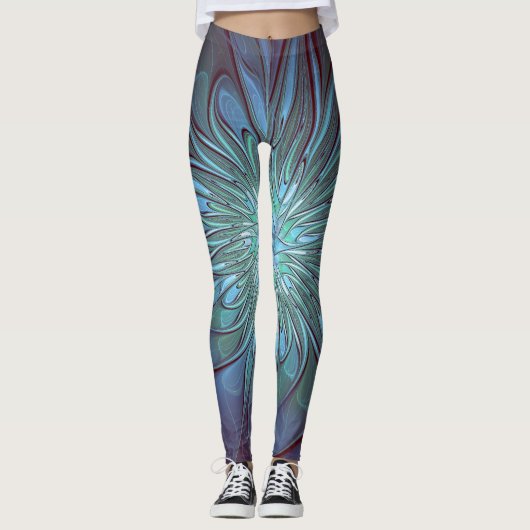 Moderne Abstracte Trendy Blauwe Bloem Fractal Art Leggings (Voorkant)