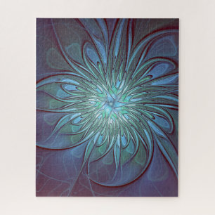 Moderne Abstracte Trendy Blauwe Bloem Fractal Art Legpuzzel