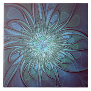 Moderne Abstracte Trendy Blauwe Bloem Fractal Art Tegeltje