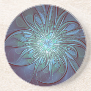 Moderne Abstracte Trendy Blauwe Bloem Fractal Art Zandsteen Onderzetter