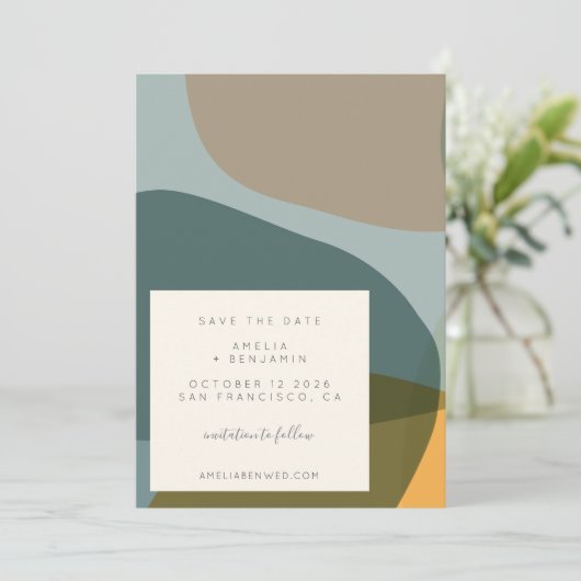 Moderne Abstracte Vormen Teal Taupe Save The Date (Staand voorkant)