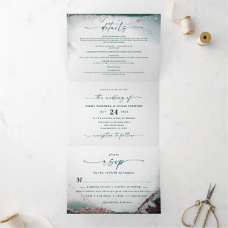 Moderne Abstracte Waterverf Emerald Green Wedding Drieluik Uitnodiging