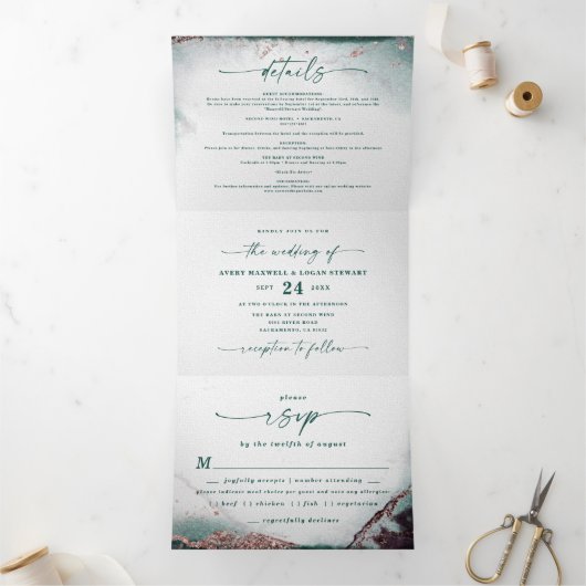 Moderne Abstracte Waterverf Emerald Green Wedding Drieluik Uitnodiging (Binnen)