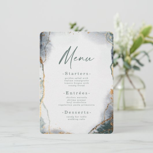 Moderne Abstracte Waterverf Groene en gouden bruil Menu (Staand voorkant)