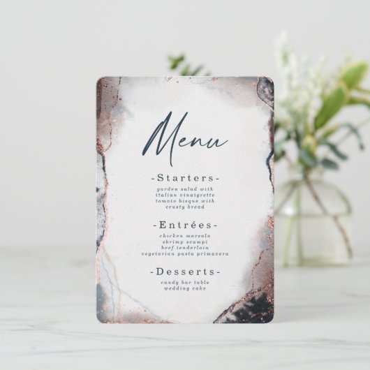 Moderne Abstracte Waterverf Moonlight Blue Wedding Menu (Staand voorkant)