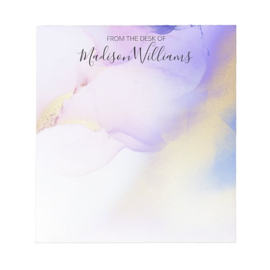 Moderne Abstracte Waterverf Paars Gold Name Script Notitieblok (Voorkant)