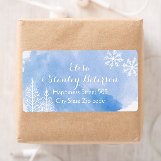 Moderne abstracte waterverf splash blue bruiloft etiket (Insitu)