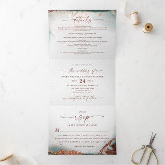 Moderne Abstracte Waterverf Terra Cotta bruiloft Drieluik Uitnodiging