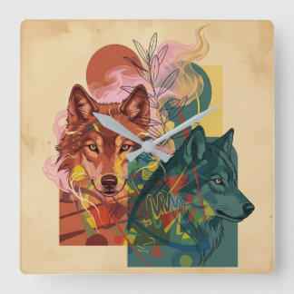 Moderne Abstracte Wolf & Natuur Vierkante Wandklok Klok