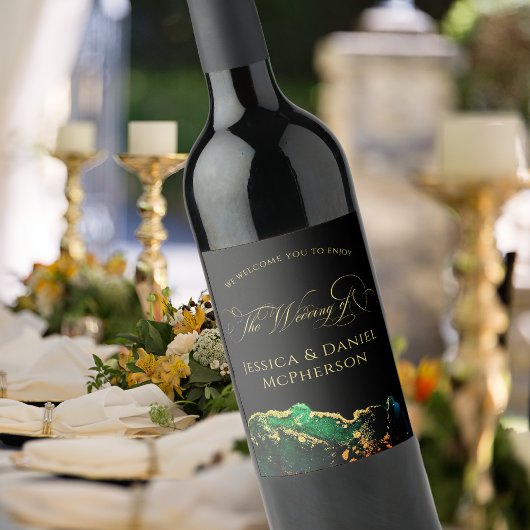 Moderne Abstracte zwarte gouden bruiloft Wijn Etiket