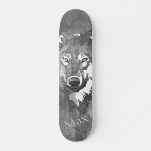 Moderne abstracte zwarte witte waterverf wolf skateboard