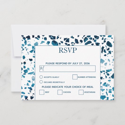 Moderne Abstrait Terrazzo Mosaic Blue Wedding RSVP (Devant)