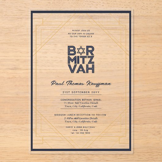 Moderne Acryle BAR MITZVAH Marineblauw Goud Modern Acryl Uitnodigingen (Voorkant)