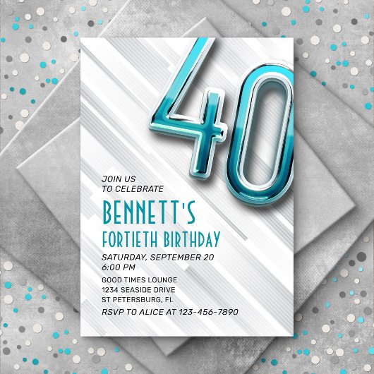 Moderne Adulte Turquoise 40e Invitation anniversai