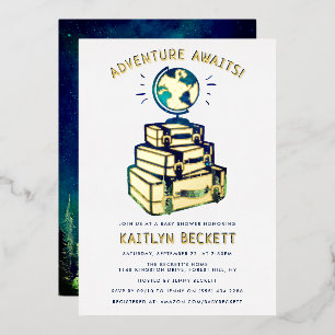 Moderne Adventure Wereldbol Baby shower Echte Folie Uitnodiging