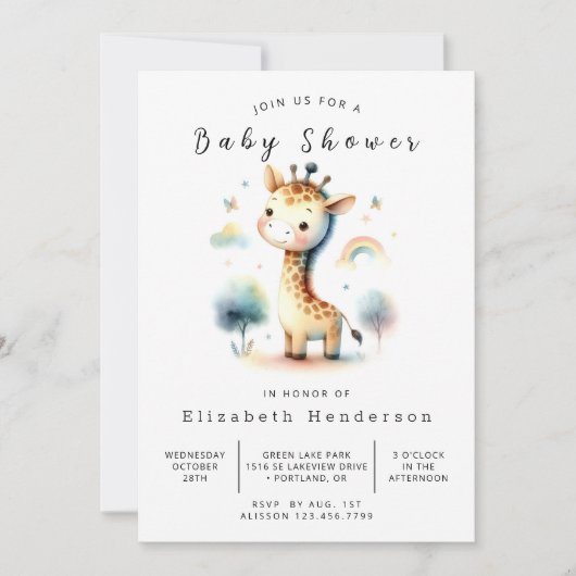 Moderne afdrukbare Giraffe Baby shower Kaart (Voorkant)