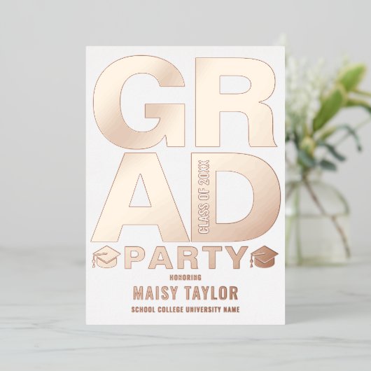 Moderne afstudeerfeest foto roze goud folie uitnodiging (Staand Voorkant)