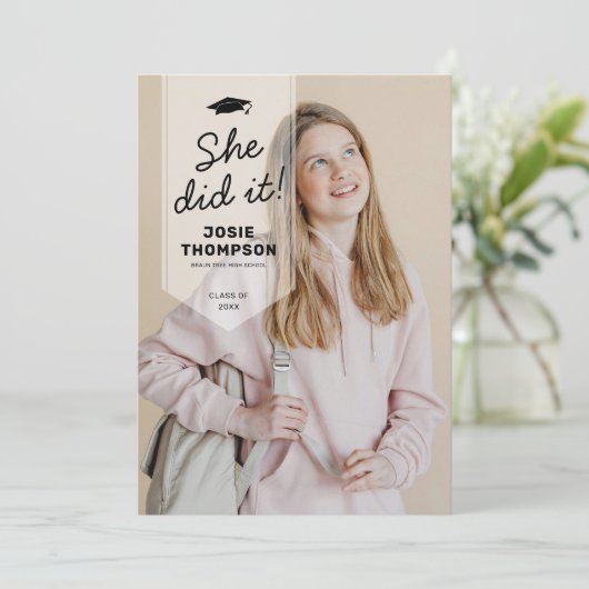 Moderne afstudeerlint foto afstuderen aankondiging (Staand voorkant)