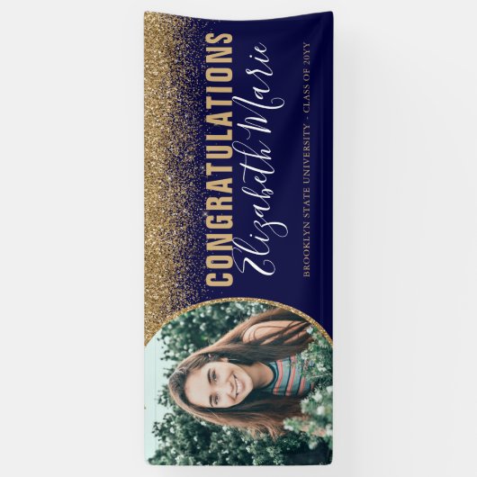 Moderne Afstuderen Afstudeerder foto Navy Blue Gol Spandoek (Verticaal)