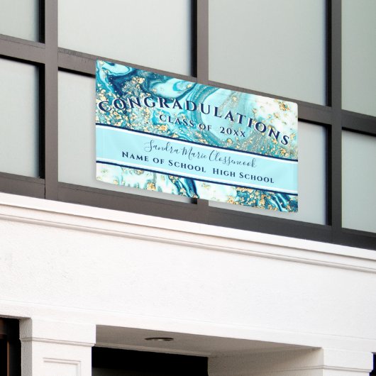 Moderne Afstuderen Blue Marble Swirl Gold Glitter Spandoek (Buitenkant Gebouw)