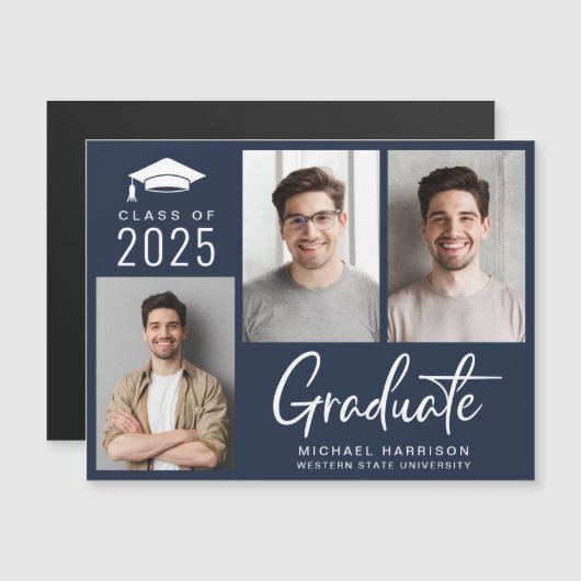 Moderne Afstuderen met blauw script voor foto's Magnetische Uitnodiging (Voorkant / Achterkant)