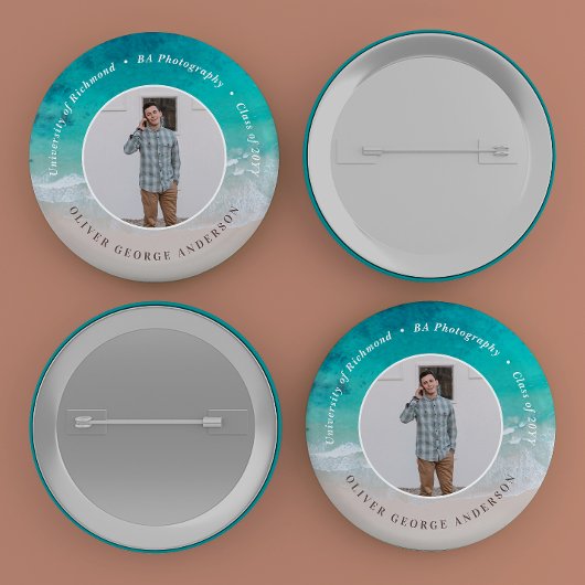 Moderne afstuderen oceaan strand moderne fotoreis ronde button 3,2 cm