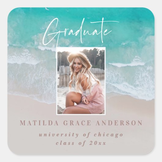Moderne afstuderen-oceaanstrandscript vierkante sticker (Voorkant)