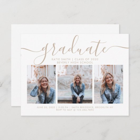 Moderne Afstuderen voor Script Calligraphy 3 Foto Uitnodiging Briefkaart (Voorkant / Achterkant)