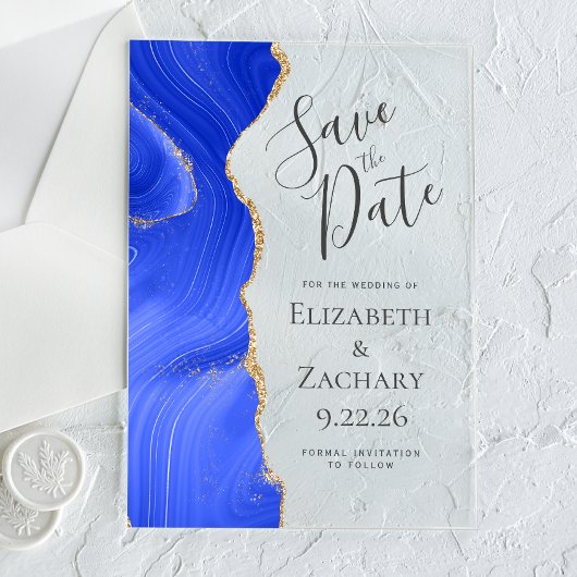 Moderne Agaat Royal Blue Gold Save the Date Acryl Uitnodigingen