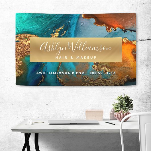 Moderne agaat waterverf gouden turquoise kapsalon spandoek