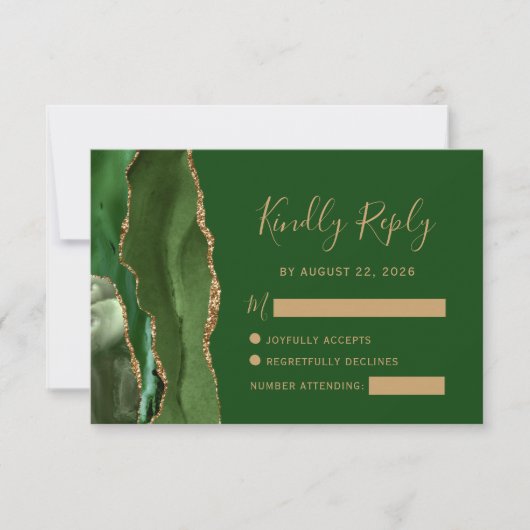 Moderne Agate Hunter Green Gold Wedding RSVP-Kaart RSVP Kaartje (Voorkant)