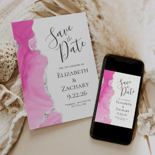 Moderne Agate Roze Zilver Save the Date Kaart