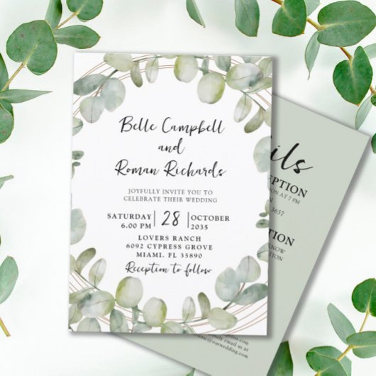 Moderne All-in-One Eucalyptus Green Gold Wedding Kaart