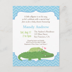 Moderne Alligator Blauwe Chevron Baby Shower Feest Kaart