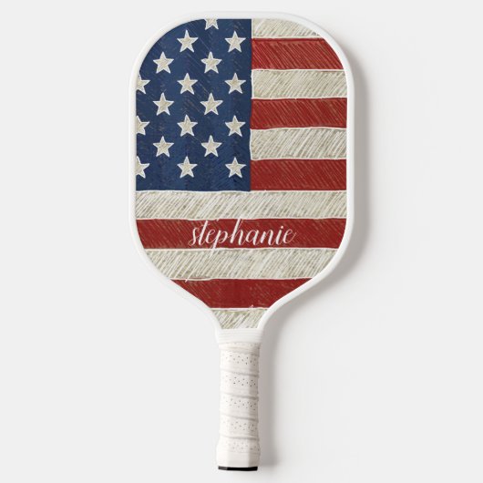 Moderne Amerikaanse vlag met Trendy Script Name Pickleball Paddle (Achterkant)