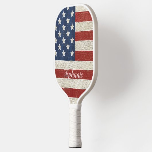 Moderne Amerikaanse vlag met Trendy Script Name Pickleball Paddle (Links)