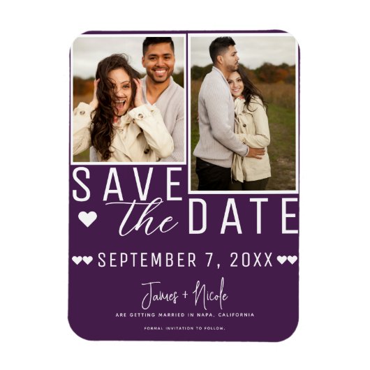 Moderne Amethist Save the Date 2 Foto Bruiloft Magneet (Verticaal)