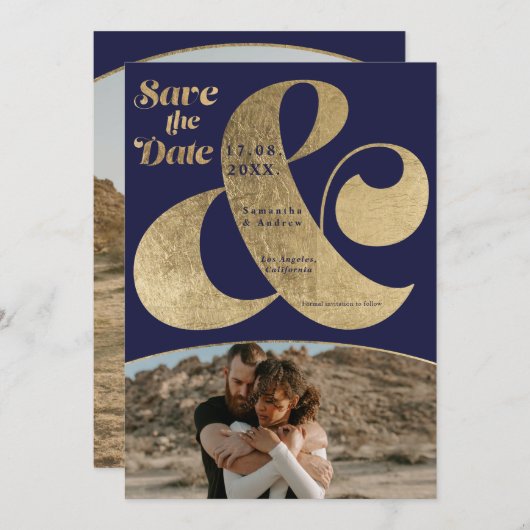 Moderne ampersand goud 2 foto's save the date (Voorkant / Achterkant)
