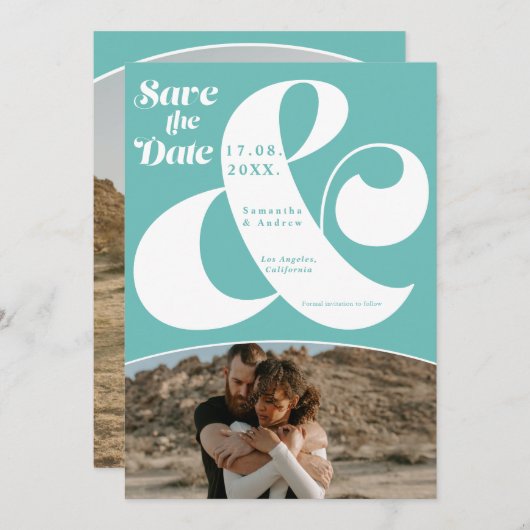 Moderne ampersand turquoise 2 foto's sparen de dat save the date (Voorkant / Achterkant)