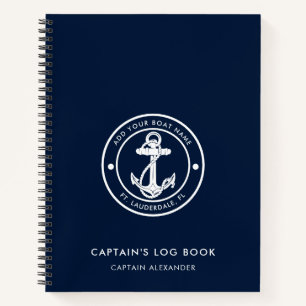 Moderne Anker Boot Naam Navy Blauwe Kapiteinslogbo Notitieboek