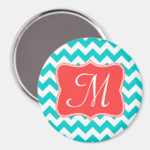 Moderne Aqua Coral Chevron Monogramme Aimant initi (Recto/Verso)