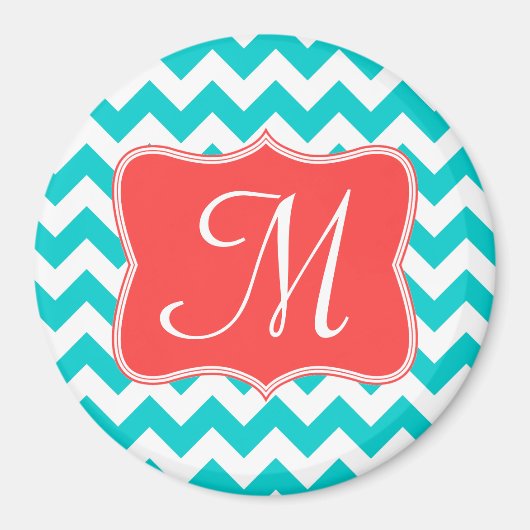 Moderne Aqua Coral Chevron Monogramme Aimant initi (Devant)