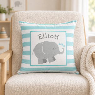 Moderne Aqua en Grijze Olifant Monogram Kussen